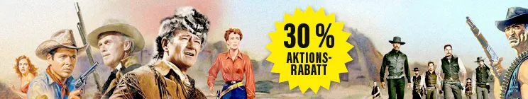 Gelber Stern mit "30 % Aktionsrabatt", Western-Szenen mit Cowboys und einer Frau in einer bunten Illustration.
