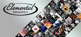 "Elemental music" steht in schwungvoller Schrift. Daneben sind viele kleine Albumcover in einem schrägen Raster angeordnet.