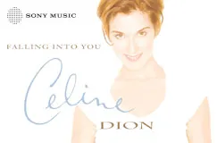 "Falling Into You", "Celine Dion", Sony Music Logo, eine lächelnde Frau mit hellem Hintergrund.