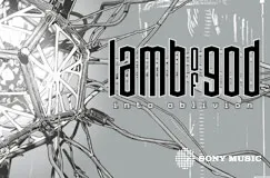 "Lamb of God, Into Oblivion" steht vor metallischen Drähten und einem technischen Design. Unten ist ein Logo.