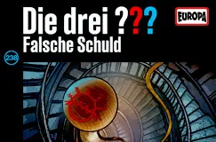 Text: "Die drei ??? Falsche Schuld, 238, EUROPA". Illustration eines Treppenhauses mit einem roten Virus-Symbol.