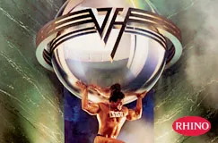Oben "Van Halen", unten "5150", rechts das Logo "RHINO". Ein muskulöser Mann trägt eine große Kugel auf den Schultern.