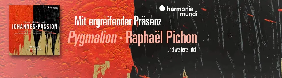 »Bach: Johannes-Passion · Pygmalion · Raphaël Pichon«, links ein Albumcover, Hintergrund aus Rot und Schwarz.