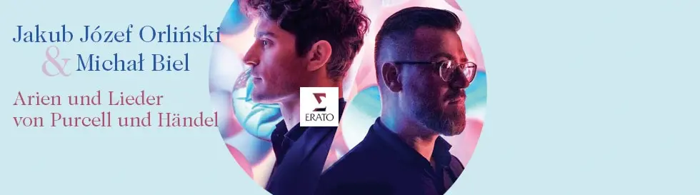 „Jakub Józef Orliński & Michał Biel. Arien und Lieder von Purcell und Händel.“ Zwei Personen im Profil, dazwischen ein Logo.