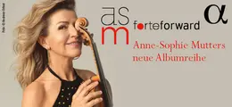 Anne-Sophie Mutters neue Albenreihe. Frau lächelnd mit Geige. Kreationen aus Buchstaben und Musiknoten. 