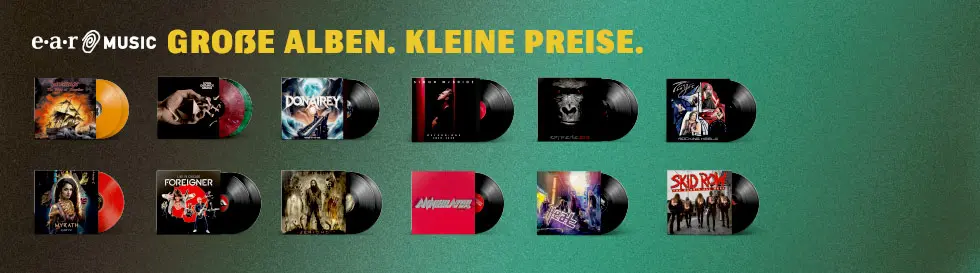 Große Alben. Kleine Preise. Sechs Schallplatten-Cover nebeneinander, jede mit einer bunten Platte. Logo oben links: earMUSIC.