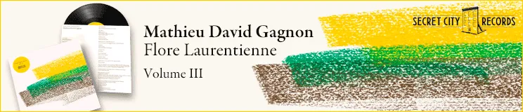 "Mathieu David Gagnon, Flore Laurentienne Volume III." Schallplatte und Cover; Logo: SECRET CITY RECORDS. Bunte Striche.