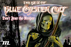 "The Best of Blue Öyster Cult, Don't Fear the Reaper." Ein Skelett in Robe hält eine Sense vor einem düsteren Hintergrund.