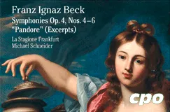 "Franz Ignaz Beck, Symphonies Op. 4, Nos. 4–6 'Pandore' (Excerpts), La Stagione Frankfurt, Michael Schneider, cpo." Eine Frau mit einer Schale, gemalt.