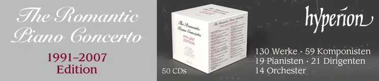 "The Romantic Piano Concerto 1991–2007 Edition", 50 CDs, hyperion, CD-Box auf dunklem Hintergrund.