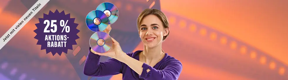 25 % Aktionsrabatt, jetzt mit vielen neuen Titeln. Frau in lila Pullover hält drei DVDs vor einem Filmstreifen-Hintergrund.