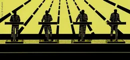 Vier Silhouetten an Pulten, umgeben von strahlenförmigen Linien auf gelbem Hintergrund, stilisiertes Design.
