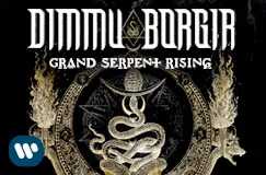 Text: DIMMU BORGIR, GRAND SERPENT RISING. Illustration eines verschlungenen Schlangenrings mit Flammen an den Seiten.