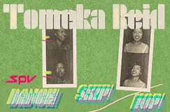 Texte: "Tomeka Reid," "spv," "DANCE!," "SKIP!," "HOP!" Zwei Fotostreifen mit alten Schwarz-Weiß-Porträts auf grünem Hintergrund.