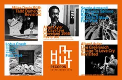 Logo von Hat Hut Records in der Mitte, umgeben von mehreren Fotos und Texten zu Jazzmusikern und -veranstaltungen.