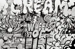 CREAM, WHEELS OF FIRE. Schwarz-weiße psychedelische Illustration voller abstrakter Formen und Wirbel.