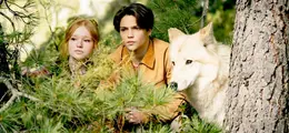 Zwei Jugendliche und ein weißer Hund schauen durch Bäume. Dichte Vegetation, intensiver Blick, Waldatmosphäre.