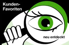 „Kunden-Favoriten, neu entdeckt“. Eine stilisierte Illustration eines grünen Auges, das durch eine Lupe schaut.