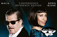 Texte: "MALIA", "CONVERGENCE REFERENCE EDITION", "BORIS BLANK". Zwei Personen, ein Mann mit Sonnenbrille, eine Frau mit Bob. Unten ein Logo.