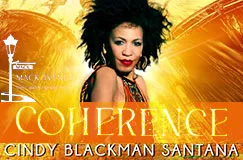 "COHERENCE" und "CINDY BLACKMAN SANTANA" in großen Buchstaben. Eine Frau mit kräftigem Afro vor leuchtendem Hintergrund.