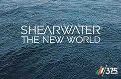 „SHEARWATER THE NEW WORLD“ auf blauem Wasserhintergrund; unten rechts ein farbiges Logo mit „375“.