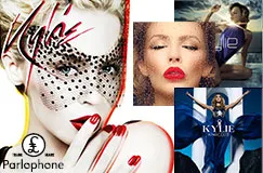 Texte: "Parlophone", "Kylie".  
Illustration: Frau mit roten Lippen, Netz über Gesicht. Mehrere Porträts.