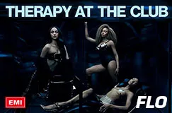 "THERAPY AT THE CLUB" oben, "EMI" unten links, "FLO" unten rechts. Drei Frauen posieren in eleganter Kleidung.
