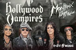 „Hollywood Vampires“ und „At Montreux Jazz Festival“ in stilisierten Schriften. Vier Männer in rockiger Kleidung.