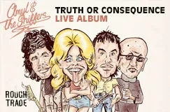 Texte: "Amyl & the Sniffers", "Truth or Consequence: Live Album". Illustration von vier Personen mit Instrumenten.