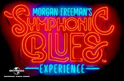 Text in Neonfarben: "Morgan Freeman's Symphonic Blues Experience". Lebendige Blautöne und Orange auf schwarzem Hintergrund.
