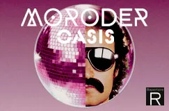 MORODER OASIS; Reportoire R. Eine Discokugel mit Sonnenbrille, Schnurrbart und lockigem Haar auf pinkem Hintergrund.