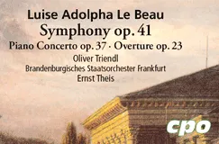 "Luise Adolpha Le Beau, Symphony op. 41" und Künstlernamen. Ausschnitt eines antiken Tempels. cpo-Logo