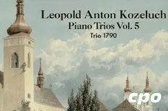"Leopold Anton Kozeluch, Piano Trios Vol. 5, Trio 1790" und Künstlernamen. Illustration einer Kirche vor bewölktem Himmel. cpo-Logo