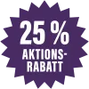 Text: „25 % AKTIONS-RABATT“. Lila, sternförmige Illustration.