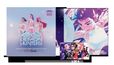 "K-POP DEMON HUNTERS" Soundtrack. Illustration mit drei Figuren in gold-weißen Outfits, dazu dynamische, bunte Hintergründe.