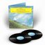 Text auf gelbem Feld: "Joe Hisaishi, A Symphonic Celebration". Illustration: Landschaft mit Wiese, Himmel; zwei Schallplatten.