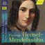 "Fanny Hensel-Mendelssohn" steht groß, umgeben von Text zu Chorwerken. Eine Frau mit lockigem Haar, Sanfte Gesichtszüge.