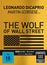 Leonardo DiCaprio, Martin Scorsese Film: The Wolf of Wall Street. USA-Flagge mit Dollarzeichen auf goldenem Hintergrund.