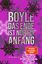 Text: "Boyle Das Ende ist nur ein Anfang. SPIEGEL Bestseller-Autor. Storys / Hanser." Lila Hintergrund mit Schneeflocken.