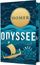Text: "HOMER", "ODYSSEE", "INSEL". Illustration: Goldene Sonne über blauen Wellen, darunter ein antikes Schiff.