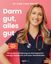 Der Text lautet: "Darm gut, alles gut. Bring deine Verdauung ins Gleichgewicht: weniger Blähbauch und mehr Wohlbefinden." Eine lächelnde Frau in medizinischem Outfit mit Stethoskop.