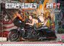 „GIRLS & BIKES“, „whatever you ride“, „2027 Limited Edition“. Frau in Dessous auf schwarzem Motorrad, bunte Graffiti.