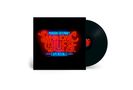 „Morgan Freeman's Symphonic Blues Experience“ in Neonbuchstaben. Schwarze Vinyl-Schallplatte auf der rechten Seite.