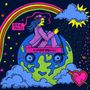 Der Text "Steve Poltz" und "JoyRide". Eine bunte Illustration mit einer Person im Wagen auf der Erde, Regenbogen, Sonne, Wolken und Herz., CD