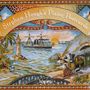 Text: "Stephen Hough's Piano Postcards". Illustration mit Schiff, Zug, Sonnenuntergang und Landschaft., LP