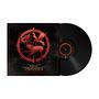 "NINE TREASURES" und "SEEKING THE ABSOLUTE", rotes rundes Emblem mit Tieren: Schlange, Vogel und Schwein. Schallplatte daneben., LP