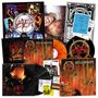 Collage von Slayer-Alben mit prominentem "Hell Awaits"-Text und Bandlogos. Enthält Schallplatten und Konzertdarstellungen., 3 LPs