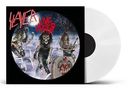 "SLAYER", "LIVE UNDEAD" in roter Schrift, Zombies auf Friedhof, weiße Vinyl-Schallplatte., LP
