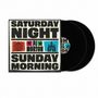 "Saturday Night Sunday Morning" in fettem Text, bunte Symbole darunter; links Disco-Kugel, rechts Kirche. Doppel-Schallplatte., 2 LPs