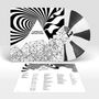 Text: "Cornelius Refractions". Schwarz-weiße, geometrische Muster mit spiralförmigem Design und Schallplatte., LP